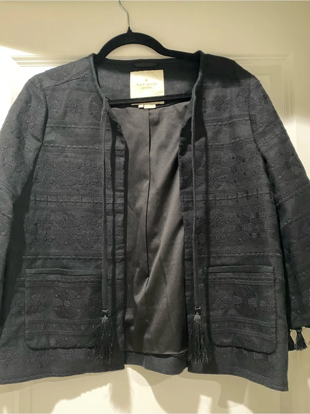 Kate Spade Black Embroidered Boho Tassel Jacket 3/4 Sleeve Size 8